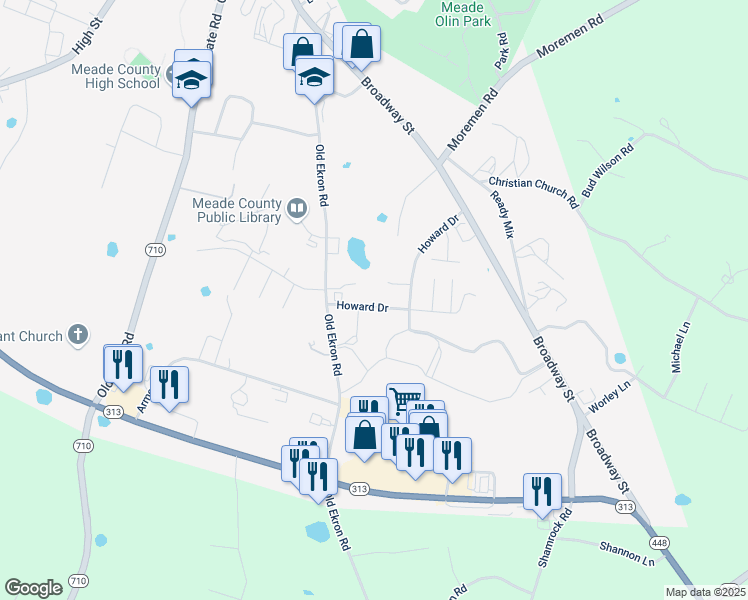 map of restaurants, bars, coffee shops, grocery stores, and more near 44-56 Howard Drive in Brandenburg