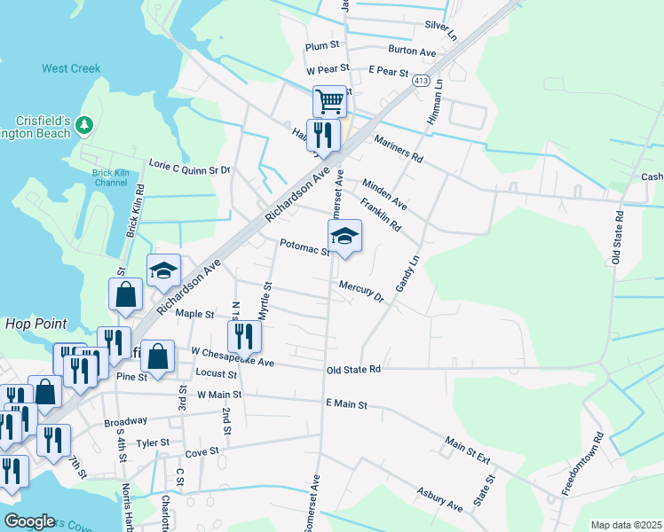 map of restaurants, bars, coffee shops, grocery stores, and more near 210 North Somerset Avenue in Crisfield