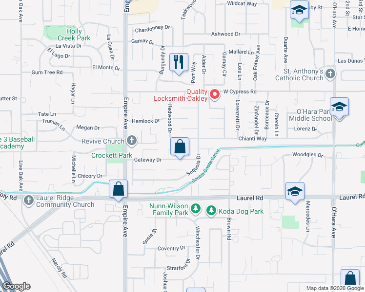 map of restaurants, bars, coffee shops, grocery stores, and more near 1732 Isleton Court in Oakley