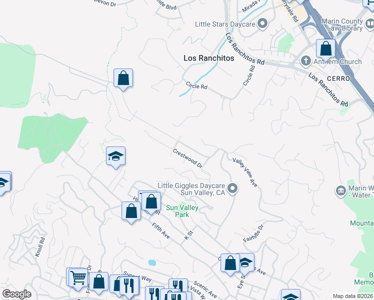 map of restaurants, bars, coffee shops, grocery stores, and more near 53 Ridgewood Drive in San Rafael