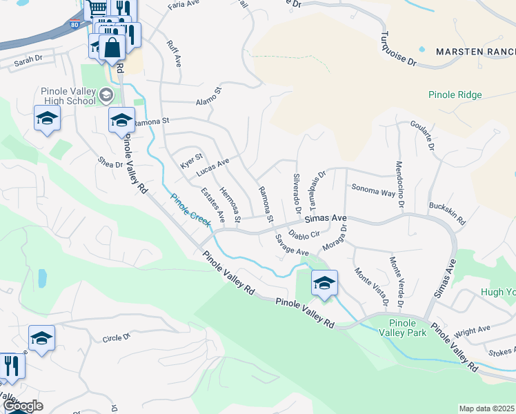 map of restaurants, bars, coffee shops, grocery stores, and more near 3262 Ramona Street in Pinole