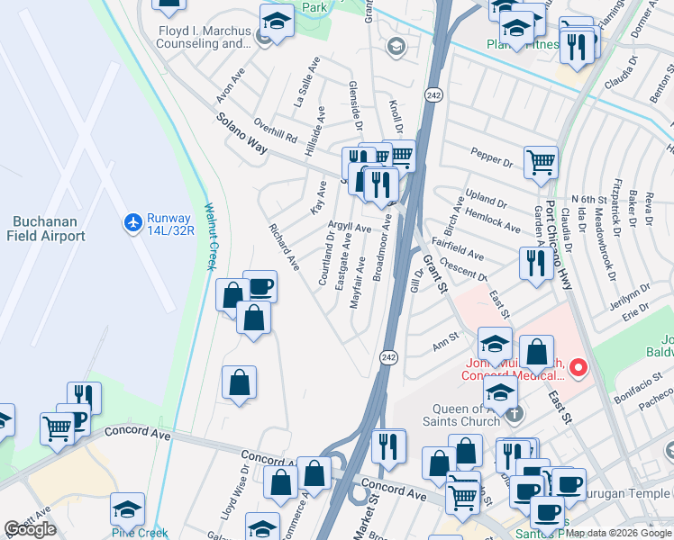 map of restaurants, bars, coffee shops, grocery stores, and more near 2755 Eastgate Avenue in Concord