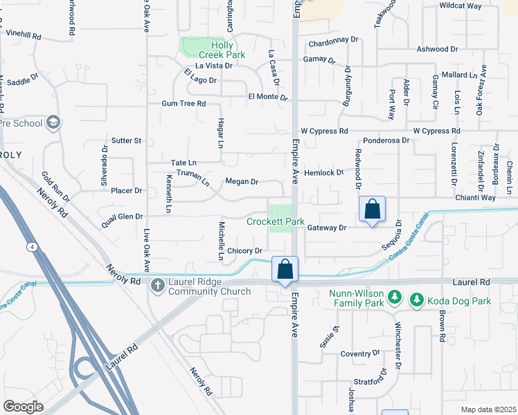 map of restaurants, bars, coffee shops, grocery stores, and more near 2112 Connie Lane in Oakley
