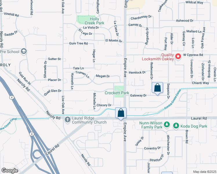map of restaurants, bars, coffee shops, grocery stores, and more near 2118 Connie Lane in Oakley