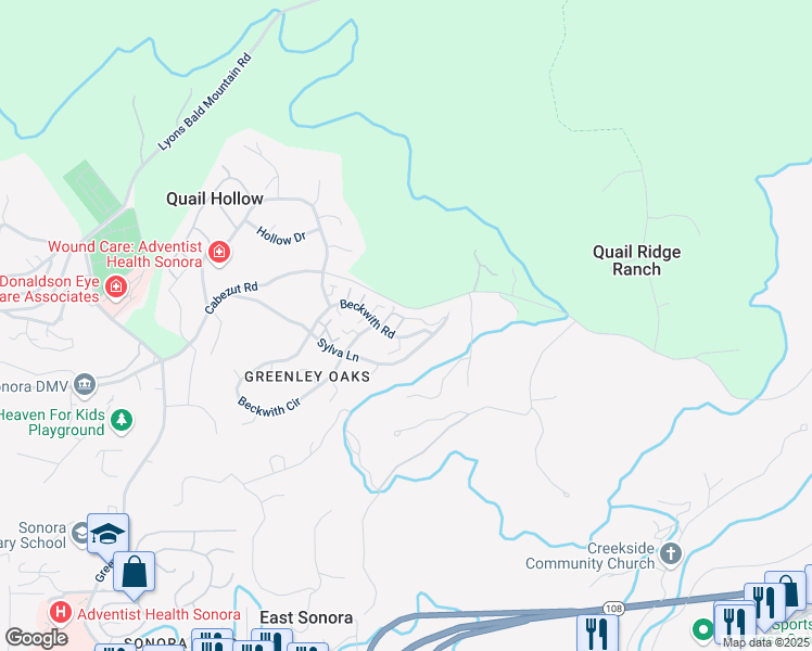 map of restaurants, bars, coffee shops, grocery stores, and more near 13000-13242 Cabezut Road in Sonora