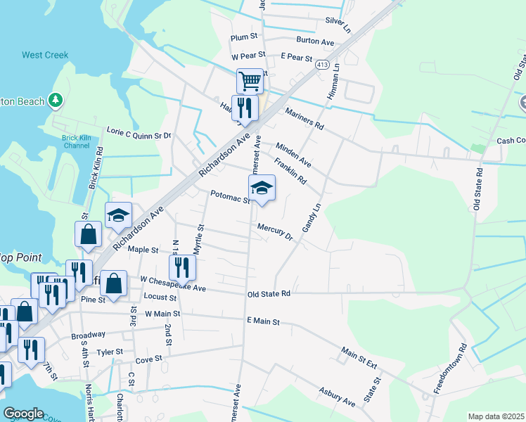map of restaurants, bars, coffee shops, grocery stores, and more near 210 North Somerset Avenue in Crisfield