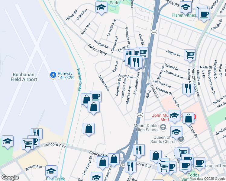 map of restaurants, bars, coffee shops, grocery stores, and more near 2761 Courtland Drive in Concord