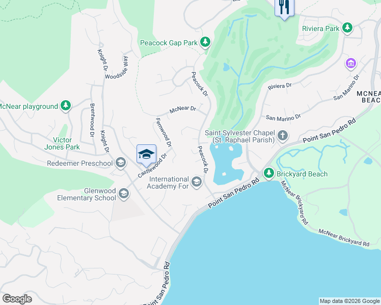 map of restaurants, bars, coffee shops, grocery stores, and more near 103 Peacock Drive in San Rafael