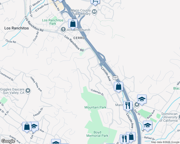 map of restaurants, bars, coffee shops, grocery stores, and more near 415 Prospect Drive in San Rafael