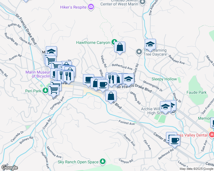 map of restaurants, bars, coffee shops, grocery stores, and more near 111 Suffield Avenue in San Anselmo