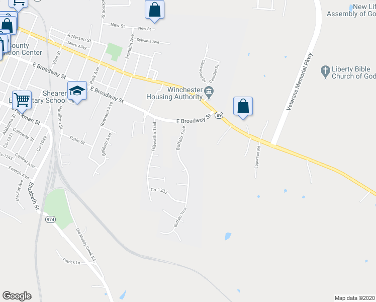 map of restaurants, bars, coffee shops, grocery stores, and more near 106 Buffalo Trace in Winchester