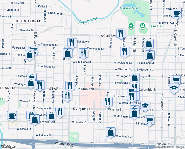 map of restaurants, bars, coffee shops, grocery stores, and more near 1010 Mary 1020 Street in Evansville