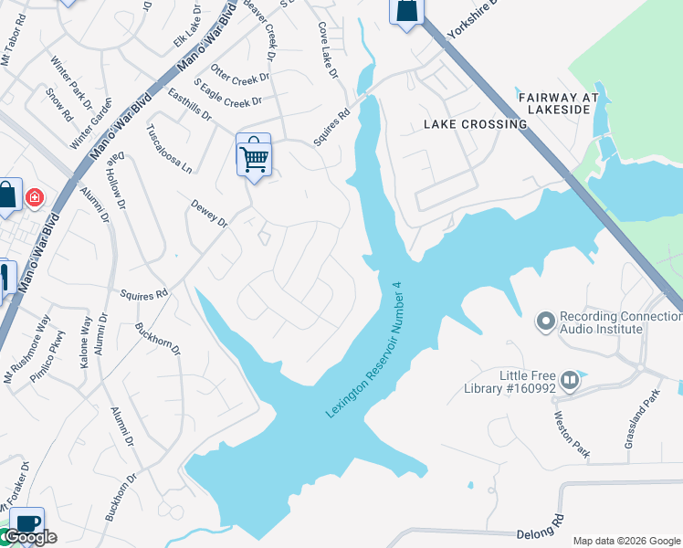 map of restaurants, bars, coffee shops, grocery stores, and more near 301 Shoreside Drive in Lexington
