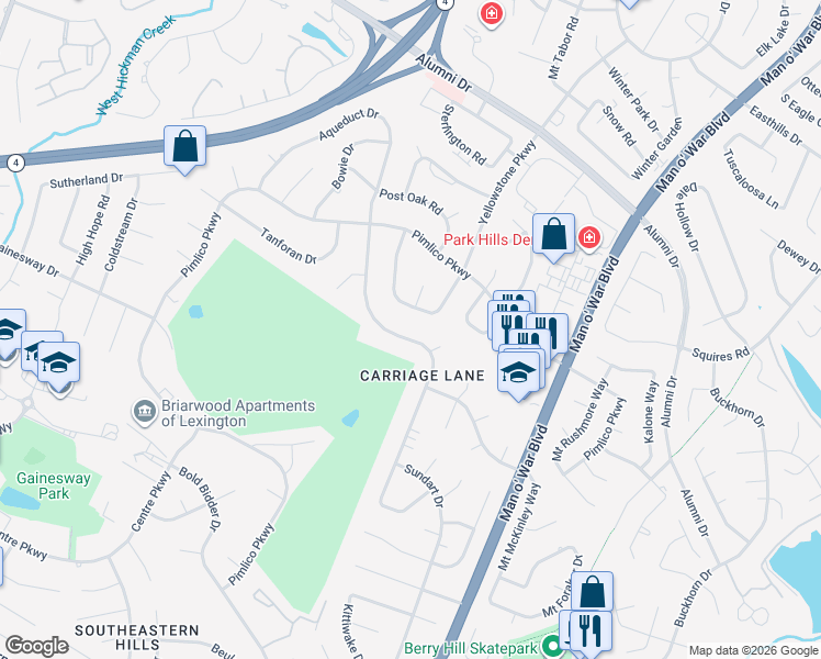 map of restaurants, bars, coffee shops, grocery stores, and more near 3217 Yellowstone Parkway in Lexington