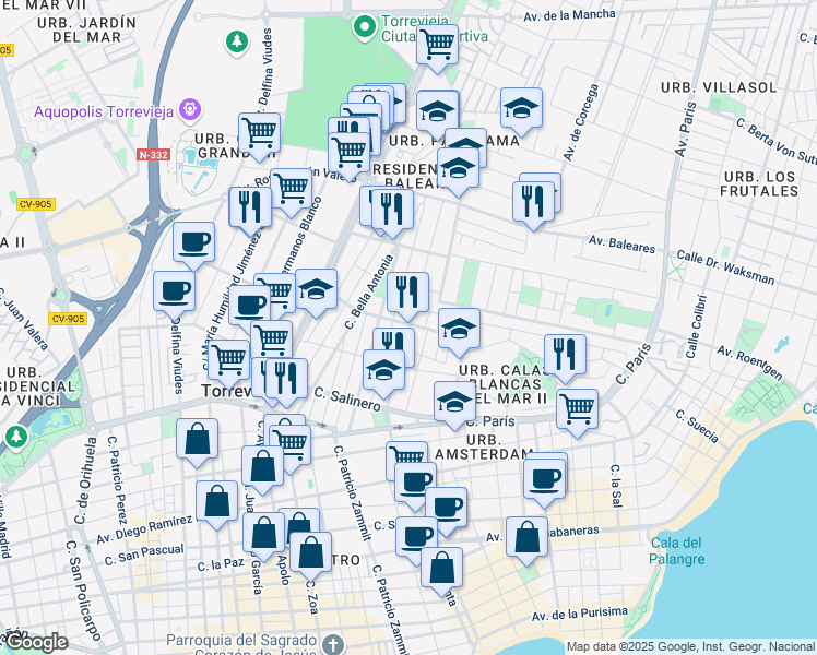 map of restaurants, bars, coffee shops, grocery stores, and more near 44 Calle Marcelina in Torrevieja