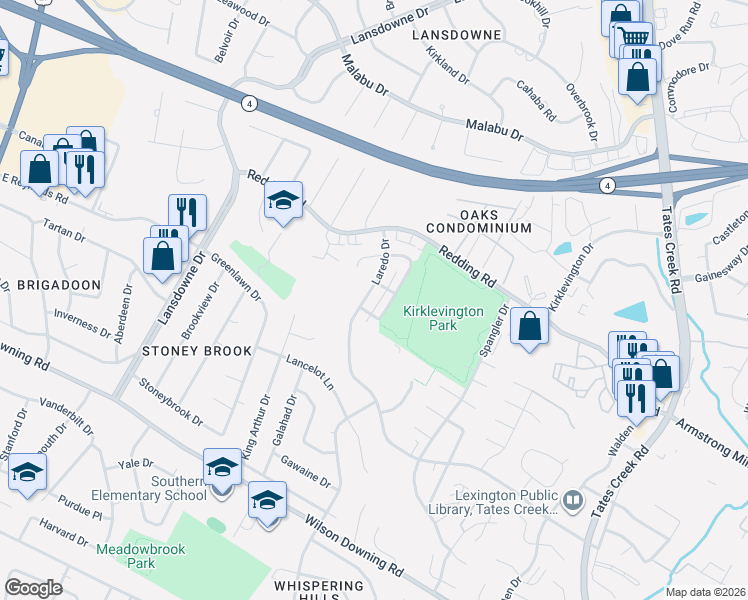 map of restaurants, bars, coffee shops, grocery stores, and more near 3426 Laredo Drive in Lexington
