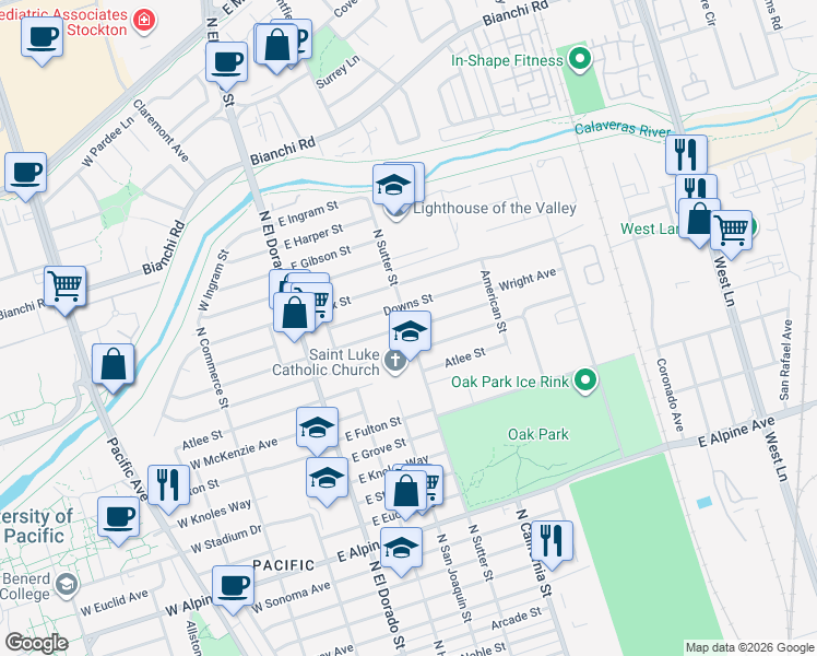 map of restaurants, bars, coffee shops, grocery stores, and more near North Sutter Street & Churchill Street in Stockton