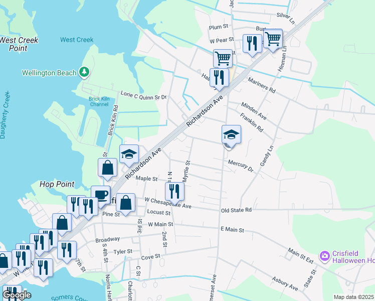map of restaurants, bars, coffee shops, grocery stores, and more near 415 Myrtle Street in Crisfield