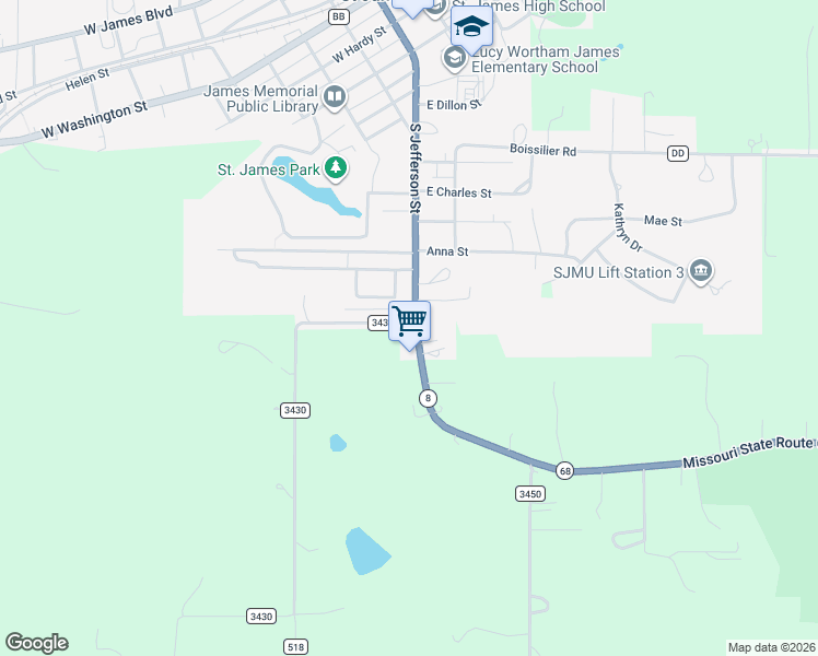 map of restaurants, bars, coffee shops, grocery stores, and more near 914 South Jefferson Street in Saint James