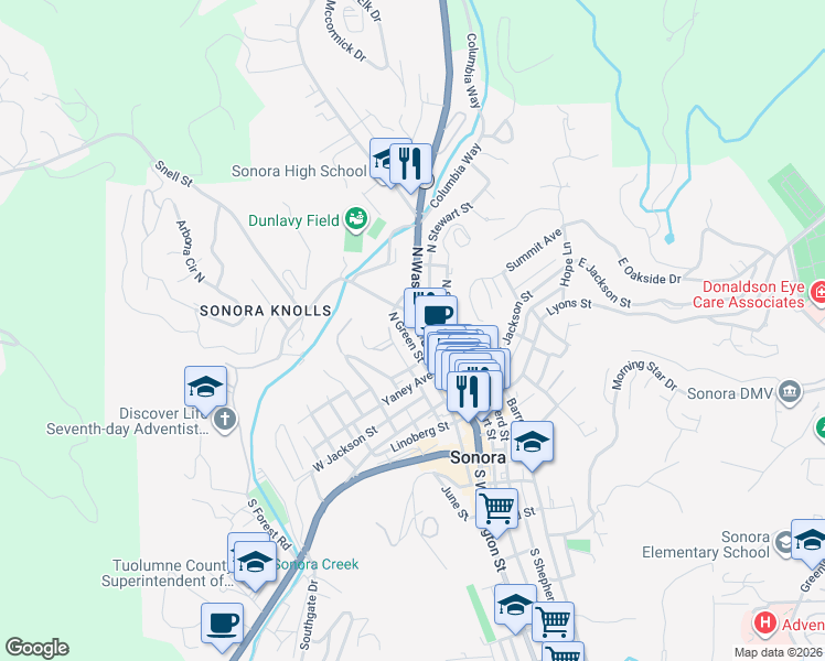 map of restaurants, bars, coffee shops, grocery stores, and more near 153 North Stewart Street in Sonora