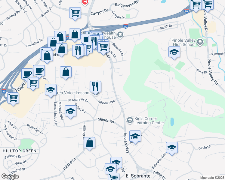 map of restaurants, bars, coffee shops, grocery stores, and more near 2650-2656 Appian Way in Pinole