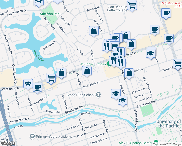 map of restaurants, bars, coffee shops, grocery stores, and more near 1776 West March Lane in Stockton