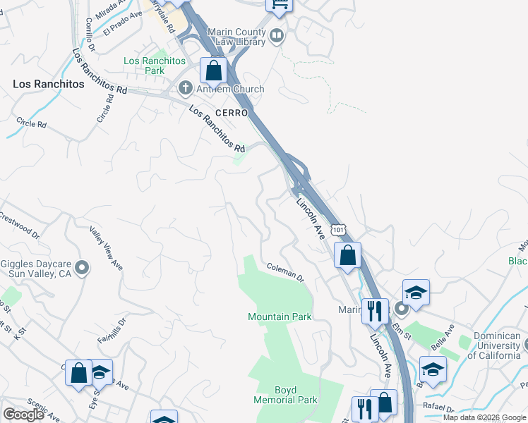 map of restaurants, bars, coffee shops, grocery stores, and more near 415 Prospect Drive in San Rafael