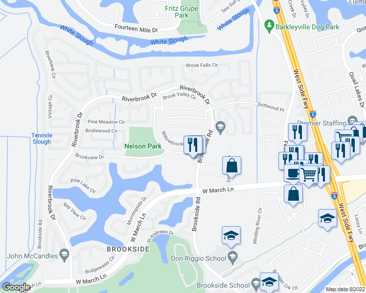 map of restaurants, bars, coffee shops, grocery stores, and more near 5008 Innisbrook Drive in Stockton