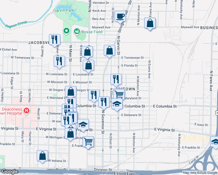map of restaurants, bars, coffee shops, grocery stores, and more near 1100 North Elliott Street in Evansville