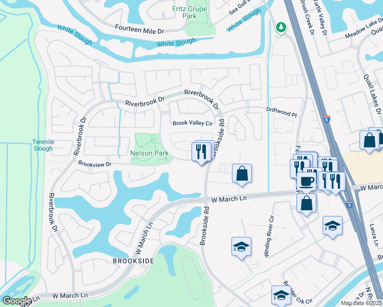 map of restaurants, bars, coffee shops, grocery stores, and more near 3309 Willowbrook Circle in Stockton