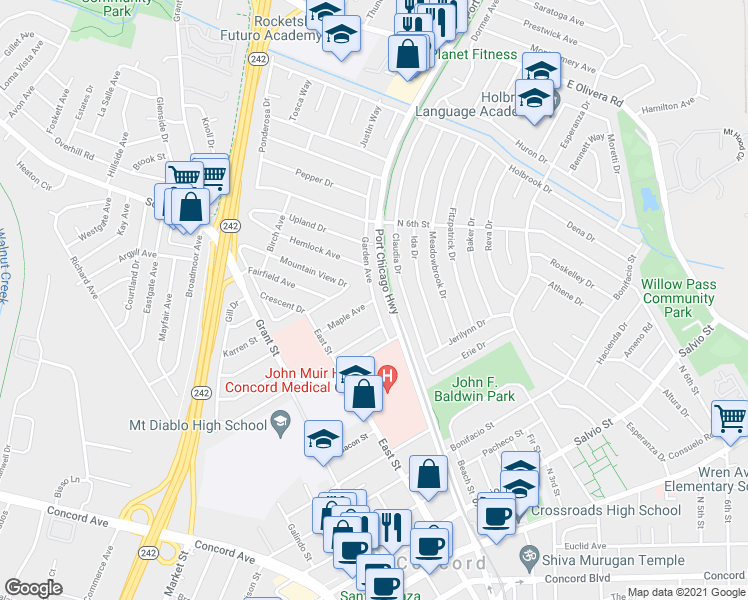 map of restaurants, bars, coffee shops, grocery stores, and more near Garden Avenue & Maple Avenue in Concord