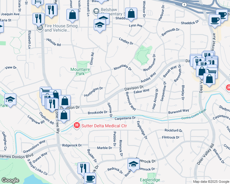 map of restaurants, bars, coffee shops, grocery stores, and more near 432 Limewood Drive in Antioch