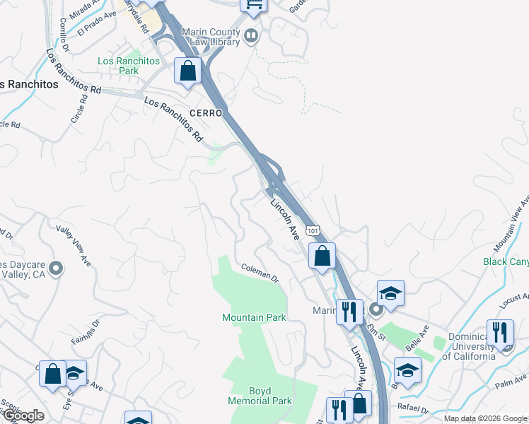 map of restaurants, bars, coffee shops, grocery stores, and more near 1 Hammondale Court in San Rafael