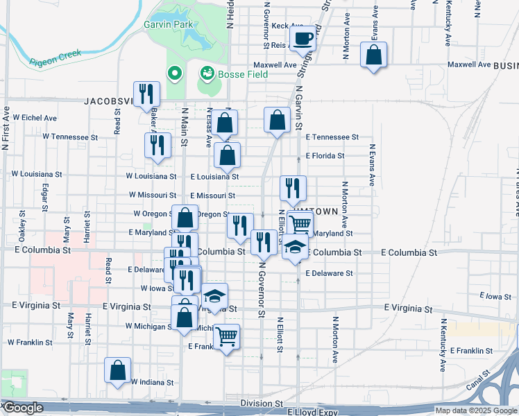 map of restaurants, bars, coffee shops, grocery stores, and more near 1006 North Governor Street in Evansville