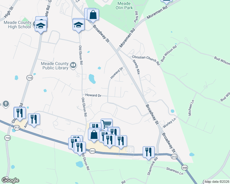 map of restaurants, bars, coffee shops, grocery stores, and more near 12 Debbie Court in Brandenburg