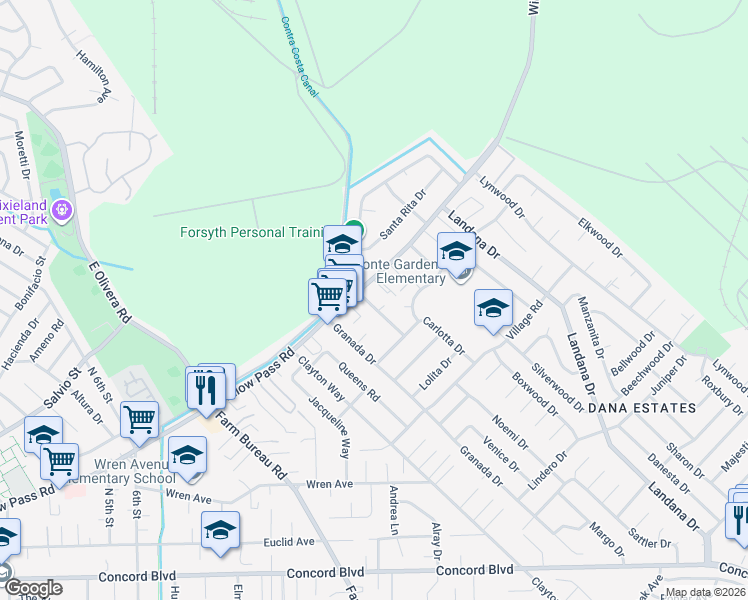 map of restaurants, bars, coffee shops, grocery stores, and more near 1896 San Vincente Drive in Concord