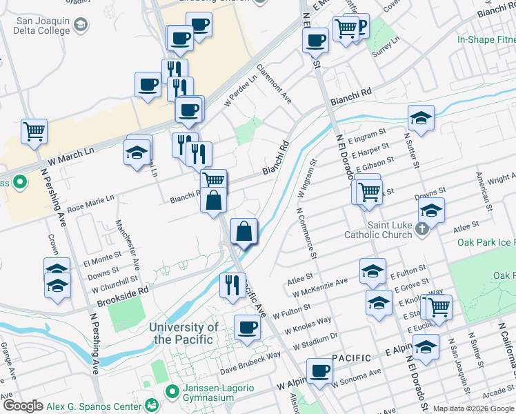 map of restaurants, bars, coffee shops, grocery stores, and more near 328 Northbank Court in Stockton