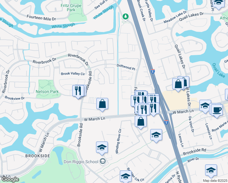 map of restaurants, bars, coffee shops, grocery stores, and more near 5027 Moss Creek Circle in Stockton