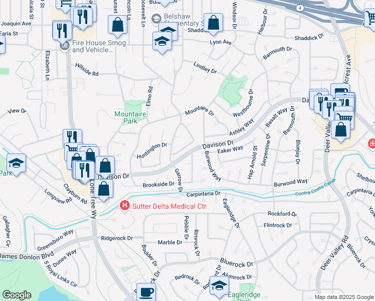 map of restaurants, bars, coffee shops, grocery stores, and more near 432 Limewood Drive in Antioch