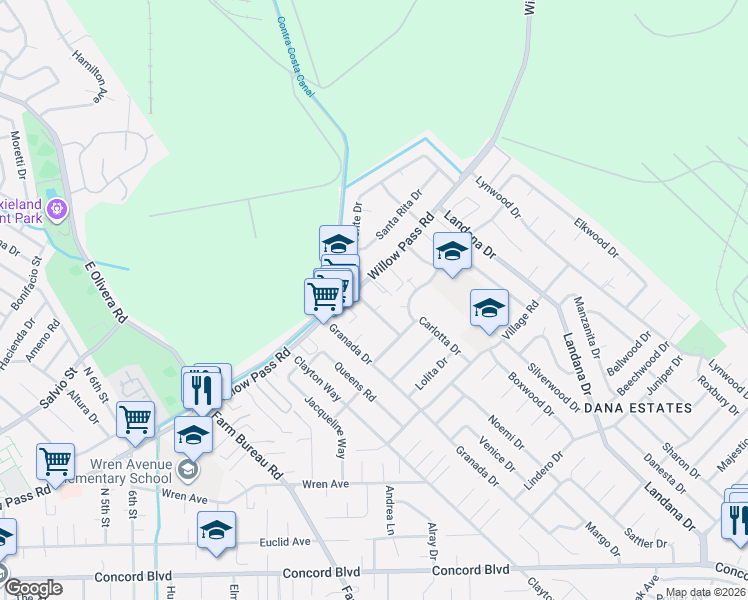 map of restaurants, bars, coffee shops, grocery stores, and more near 3712 Willow Pass Road in Concord