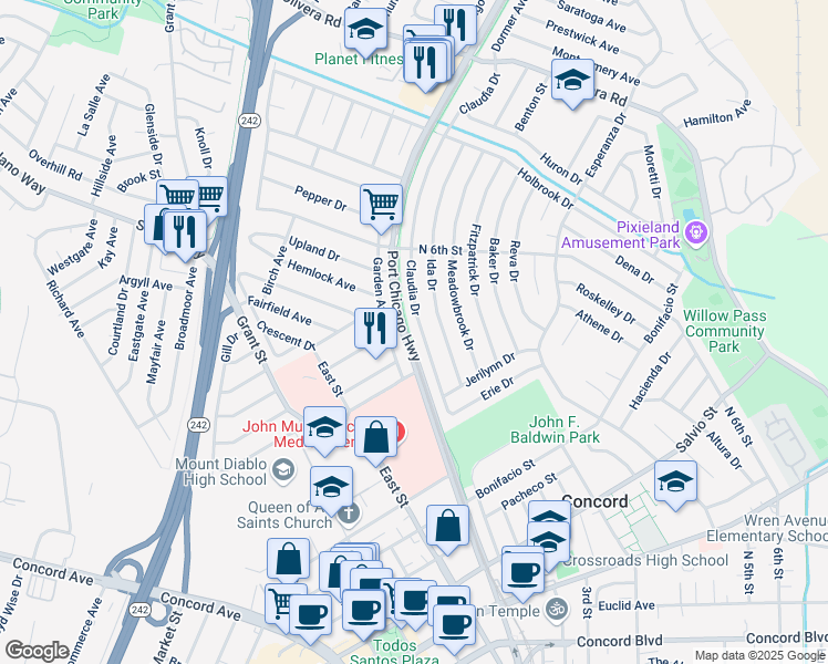map of restaurants, bars, coffee shops, grocery stores, and more near 3148 Claudia Drive in Concord