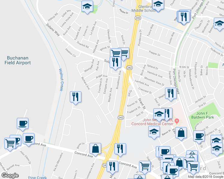 map of restaurants, bars, coffee shops, grocery stores, and more near 2773 Mayfair Avenue in Concord