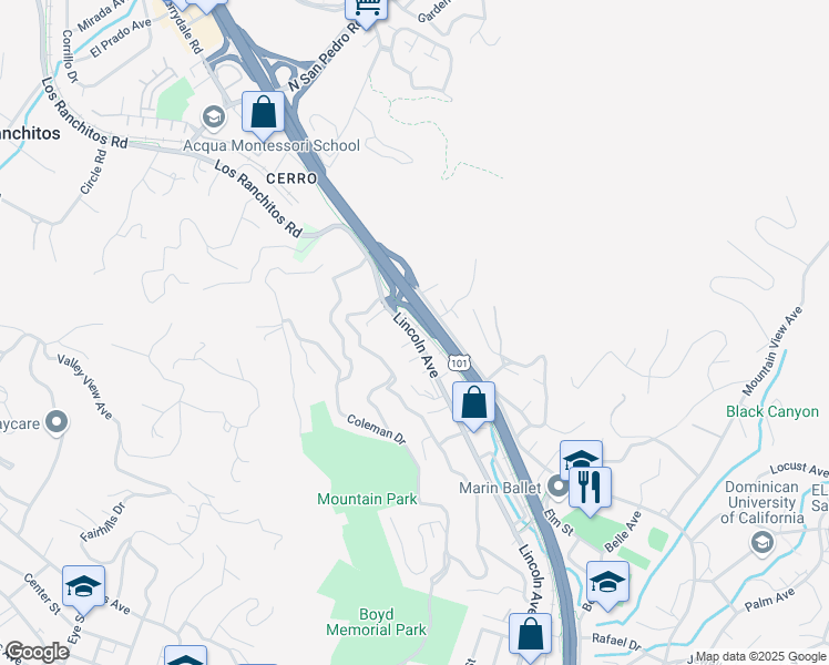 map of restaurants, bars, coffee shops, grocery stores, and more near 326 Glen Park Avenue in San Rafael