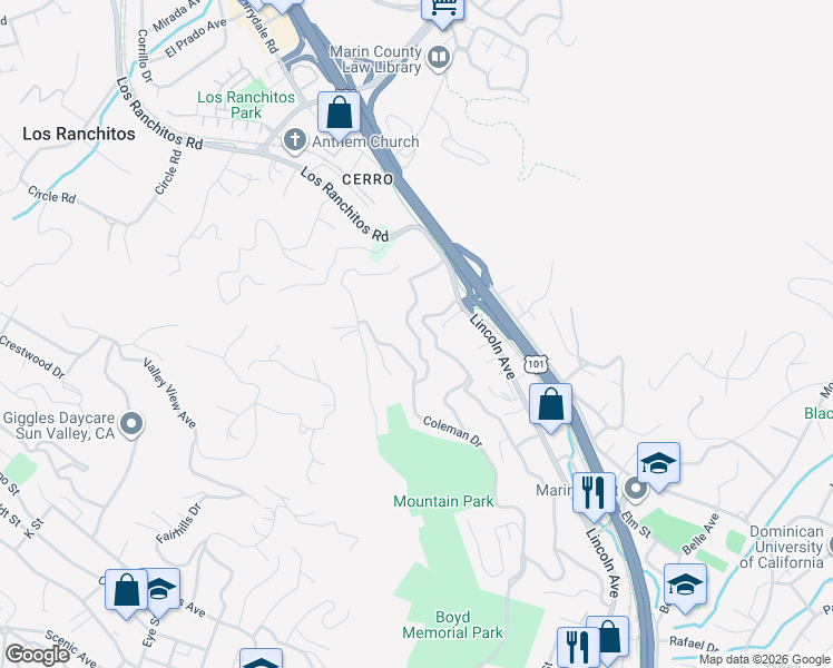 map of restaurants, bars, coffee shops, grocery stores, and more near 415 Prospect Drive in San Rafael