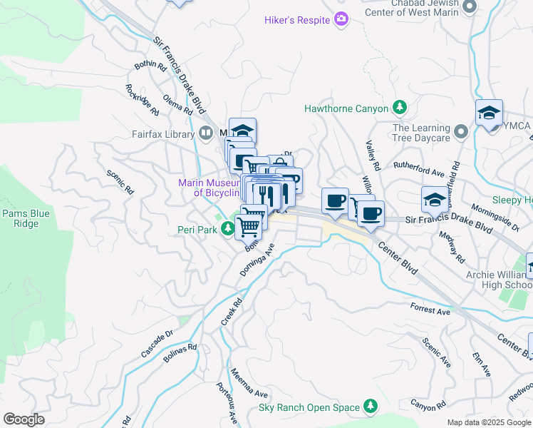 map of restaurants, bars, coffee shops, grocery stores, and more near in Fairfax