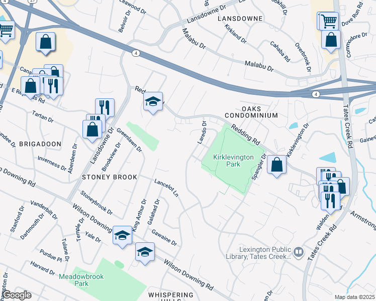 map of restaurants, bars, coffee shops, grocery stores, and more near 3441 Laredo Drive in Lexington