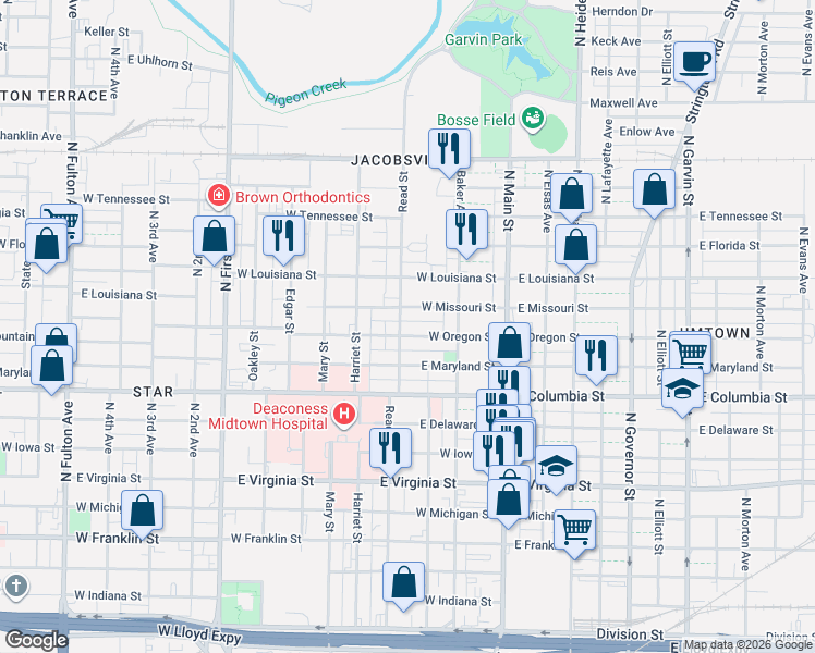map of restaurants, bars, coffee shops, grocery stores, and more near 204 West Missouri Street in Evansville