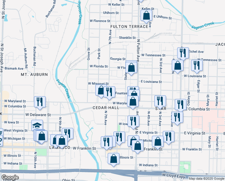 map of restaurants, bars, coffee shops, grocery stores, and more near 1500 West Missouri Street in Evansville