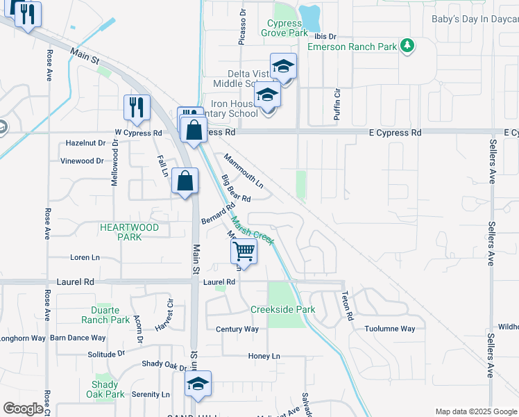 map of restaurants, bars, coffee shops, grocery stores, and more near 1390 Quail Valley Run in Oakley
