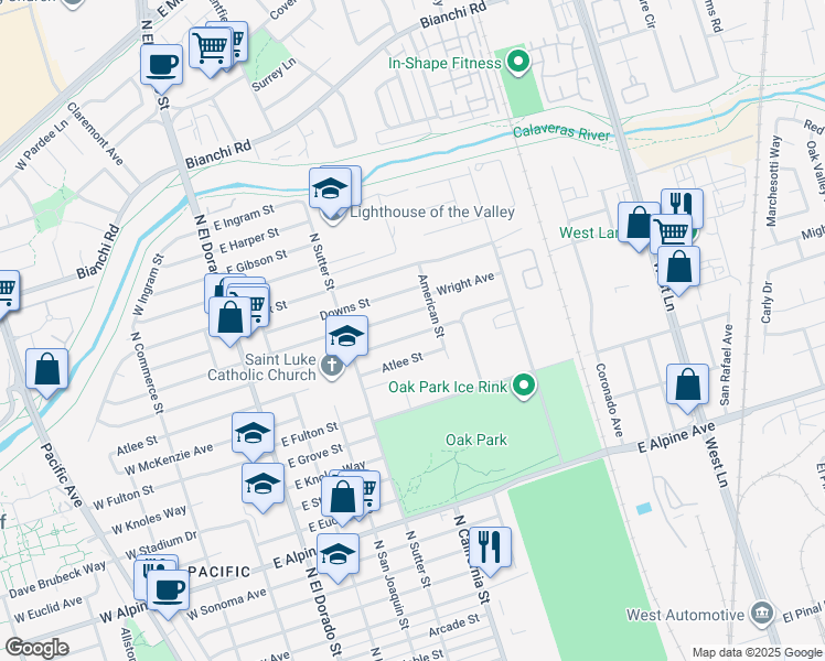 map of restaurants, bars, coffee shops, grocery stores, and more near 529 Barrymore Street in Stockton